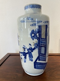 A Chinese blue, white and copper-red 'narrative subject' rouleau vase, Kangxi