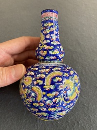 A Chinese blue-ground Canton enamel double gourd 'dragons' vase, Shangxin 赏心 mark, Qianlong