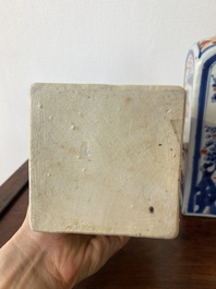 Two Chinese Imari-style square bottles with metal mounts, Kangxi