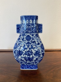 A Chinese blue and white 'fanghu' vase with lotus scrolls, Qianlong mark, 19/20th C.