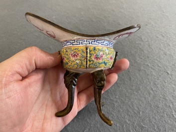 A Chinese yellow-ground Canton enamel ritual wine ewer or 'jue', Yongzheng