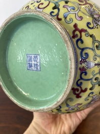 A Chinese yellow-ground famille rose 'hu' vase with playing boys, Qianlong mark, Republic