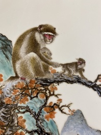 A Chinese famille rose plaque with monkeys, Bi Yuanming 畢淵明 mark, dated 1964