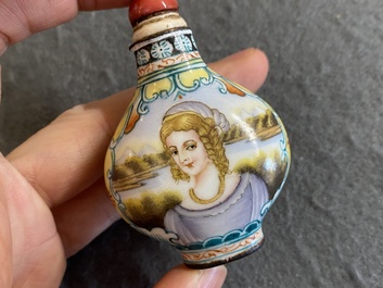 Five Chinese inside-painted glass snuff bottles and one in Canton or Beijing enamel, 19/20th C.