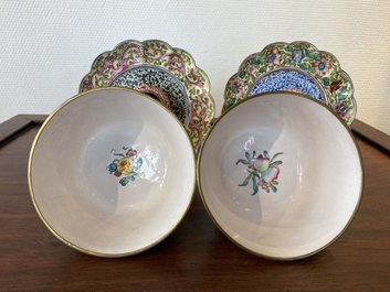 A pair of Chinese Canton enamel marriage bowls on stems, Yongzheng