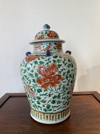 A Chinese 'peony scroll' famille verte vase and cover, Kangxi
