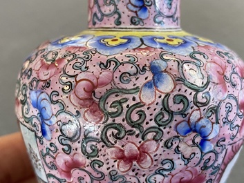 A Chinese Canton enamel covered vase, a covered bowl and a tea caddy, Qianlong