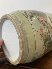 A fine Chinese famille verte rouleau 'rice production' vase, 19th C.