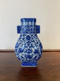 A Chinese blue and white 'fanghu' vase with lotus scrolls, Qianlong mark, 19/20th C.