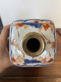 Two Chinese Imari-style square bottles with metal mounts, Kangxi