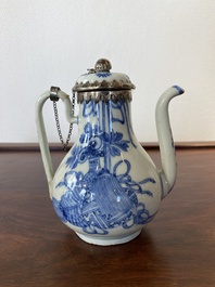 A Chinese blue and white teapot and cover with silver mounts, Kangxi