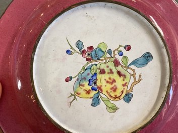 A Chinese 'ruby back' Canton enamel plate with a butterfly and a pheasant, Yongzheng