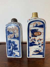 Two Chinese Imari-style square bottles with metal mounts, Kangxi