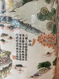 A fine Chinese famille verte rouleau 'rice production' vase, 19th C.