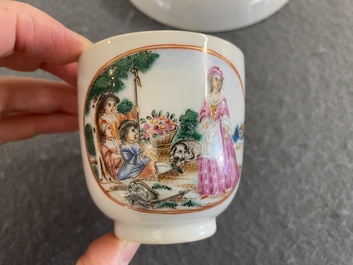 A Chinese famille rose 'European subject' cup and saucer, Qianlong