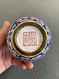 A Chinese blue-ground Canton enamel double gourd 'dragons' vase, Shangxin 赏心 mark, Qianlong