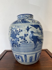 A large Chinese blue and white 'pheasant' jar, Ming