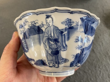 A Chinese blue and white bowl with figures in a landscape, Chenghua mark, Kangxi
