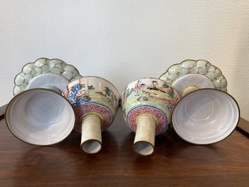 A pair of Chinese Canton enamel marriage bowls on stems, Yongzheng