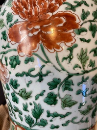 A Chinese 'peony scroll' famille verte vase and cover, Kangxi