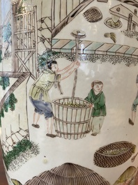 A fine Chinese famille verte rouleau 'rice production' vase, 19th C.