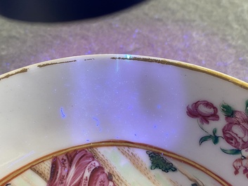 A Chinese famille rose 'European subject' cup and saucer, Qianlong