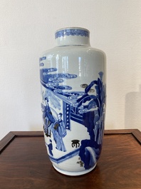 A Chinese blue, white and copper-red 'narrative subject' rouleau vase, Kangxi