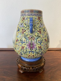 A Chinese yellow-ground famille rose 'hu' vase with playing boys, Qianlong mark, Republic