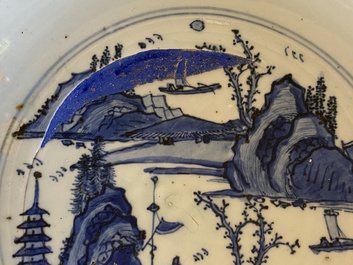 A Chinese blue and white dish with a fine landscape, Jiajing