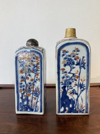 Two Chinese Imari-style square bottles with metal mounts, Kangxi