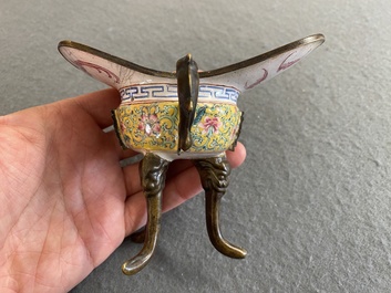 A Chinese yellow-ground Canton enamel ritual wine ewer or 'jue', Yongzheng