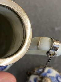 A Chinese blue and white teapot and cover with silver mounts, Kangxi