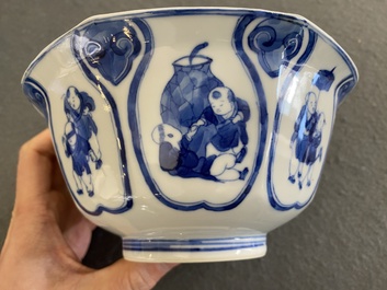 A Chinese blue and white 'playing boys' bowl, Fu Hai Cang Zhen 福海藏珍 mark, Daoguang