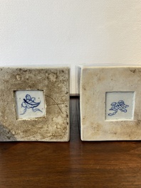 A pair of Chinese blue and white square 'narrative subject' vases and covers, Kangxi