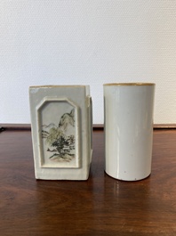 Twee Chinese penselenbekers in qianjiang cai en famille rose porselein, 19/20e eeuw