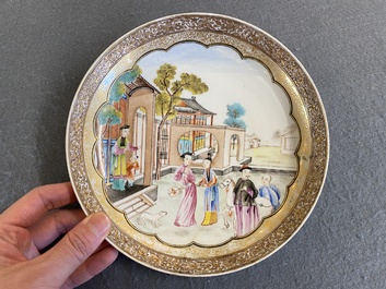A Chinese famille rose semi-eggshell mandarin subject plate, Qianlong