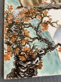A Chinese famille rose plaque with monkeys, Bi Yuanming 畢淵明 mark, dated 1964