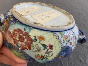 Een kleine Chinese famille rose terrine met decor van tabaksbladeren, Qianlong