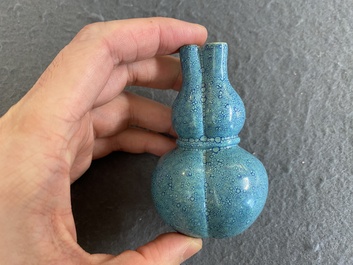A small Chinese robin's egg-glazed three-necked double gourd vase, 19/20th C.