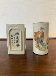 Twee Chinese penselenbekers in qianjiang cai en famille rose porselein, 19/20e eeuw