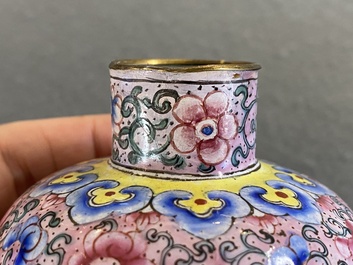 A Chinese Canton enamel covered vase, a covered bowl and a tea caddy, Qianlong