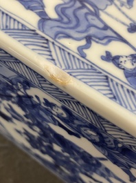 A pair of Chinese blue and white square 'narrative subject' vases and covers, Kangxi