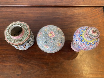 A Chinese Canton enamel covered vase, a covered bowl and a tea caddy, Qianlong