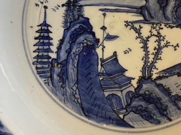 A Chinese blue and white dish with a fine landscape, Jiajing