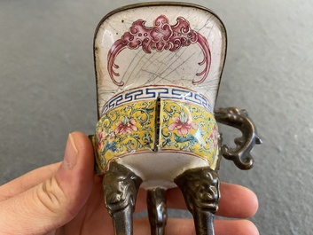 A Chinese yellow-ground Canton enamel ritual wine ewer or 'jue', Yongzheng