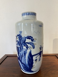 A Chinese blue, white and copper-red 'narrative subject' rouleau vase, Kangxi