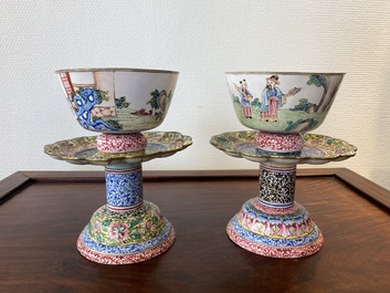 A pair of Chinese Canton enamel marriage bowls on stems, Yongzheng