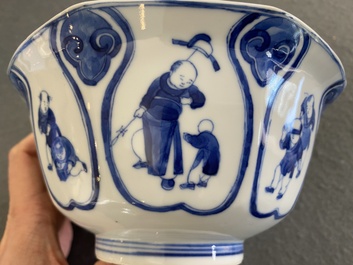 A Chinese blue and white 'playing boys' bowl, Fu Hai Cang Zhen 福海藏珍 mark, Daoguang