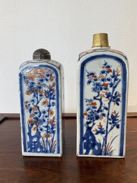 Two Chinese Imari-style square bottles with metal mounts, Kangxi