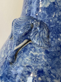 A Chinese blue and white 'hu' vase with elephant head handles, Qianlong mark, Republic